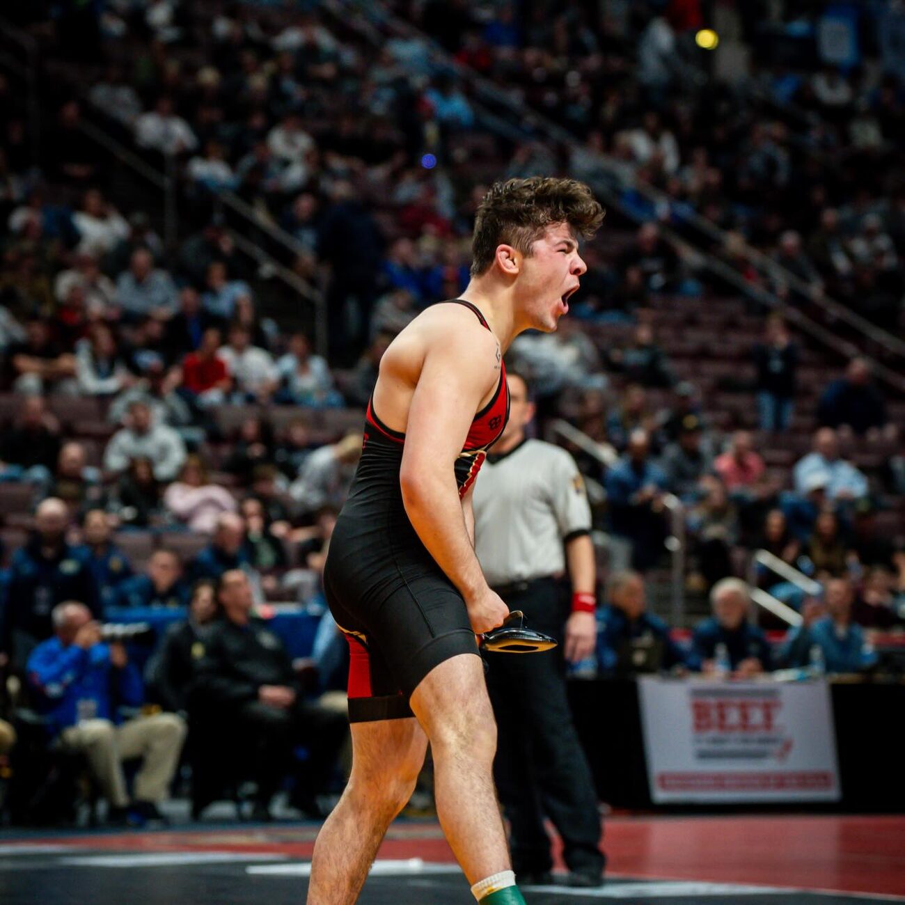 Bo Bassett mid-match, intense