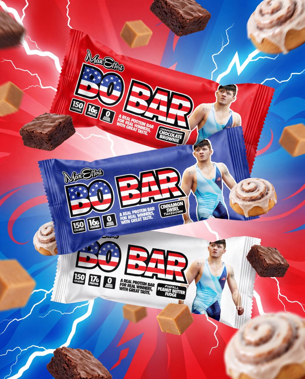 Bo Bar protein bars in Chocolate Brownie, Cinnamon Swirl and Peanut Butter Fudge